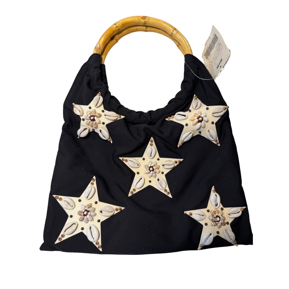 Vintage Sears Lana Bags Black Cotton Seashell Star Slouchy Tote Bamboo Handle